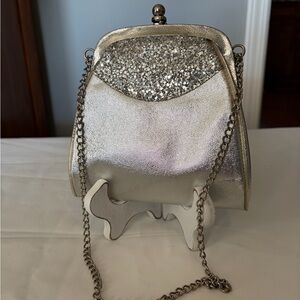 Vintage Silver Glitter Evening Bag Metallic Kiss-Lock Clutch w/ Chain strap